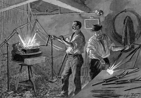 Welding a bicycle frame, France, 1896. Artist: Unknown