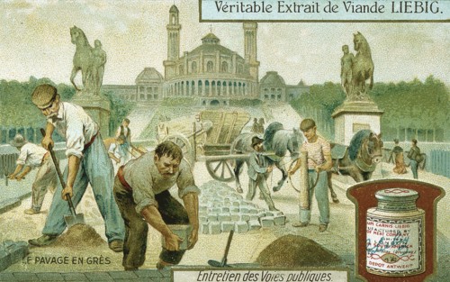 Surfacing a road with granite setts, Paris, c1900. Artist: Unknown