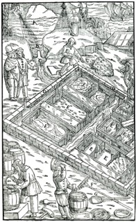 Producing salt by evaporating sea water in salt pans, 1556. Artist: Unknown