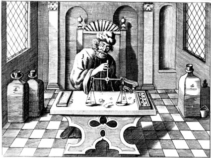 Assayer testing samples of gold or silver using a balance, 1683.  Artist: Lazarus Ercker
