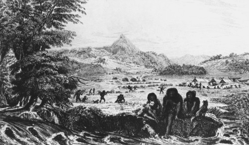 Fuegians at Woollya, with the Fitzroy expedition's camp in the background, 1831 (1839). Artist: Unknown