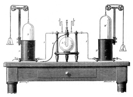 Antoine Lavoisier's apparatus for synthesizing water from hydrogen (left) and oxygen (right), 1881. Artist: Unknown