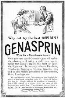 Advertisement for Genasprin, a proprietary brand of the drug Aspirin. 1919. Artist: Unknown