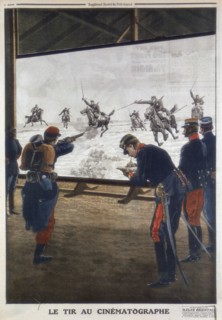 French soldiers using film of a cavalry charge for rifle practice, 1912. Artist: Unknown