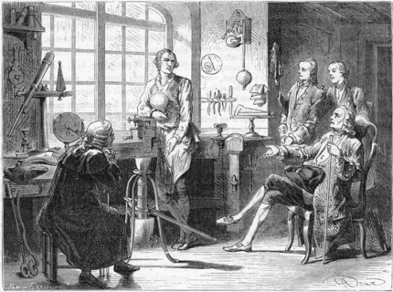 Joseph Black visiting James Watt in his Glasgow workshop, c1760 (c1879). Artist: Unknown