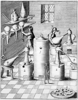 Laboratory for refining gold and silver, showing typical laboratory equipment, 1683. Artist: Unknown