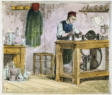 Glass cutter decorating table ware on a carborundum wheel, 1867. Artist: Unknown