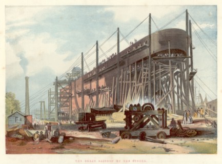 'Great Eastern' on the stocks at Millwall on the Thames, 1857. Artist: Unknown