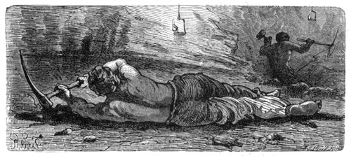 Early 19th century coal miner working a narrow seam, c1868.  Artist: Anon