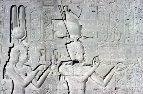 Horizontal detail of a relief of Cleopatra and Caesarion ,Temple of Hathor, c125 BC - c60 AD. Artist: Unknown