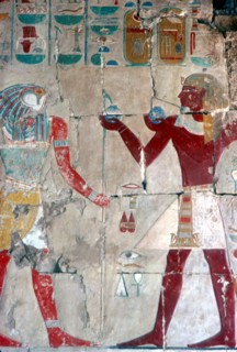 Detail of painted relief of Tuthmosis III before Horus, Temple of Hatshepsut, Luxor, 15th centuryBC. Artist: Unknown