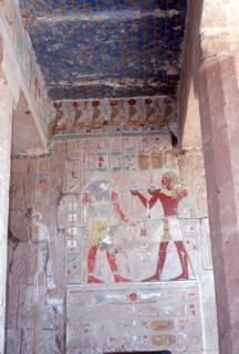 Painted relief of Tuthmosis III before Horus, Temple of Hatshepsut, Luxor, Egypt, c15th century BC. Artist: Unknown
