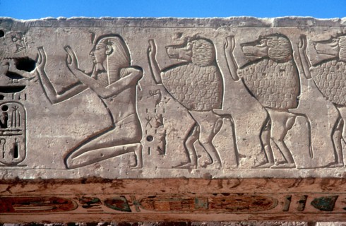 Relief of Rameses III and sacred baboons, Mortuary Temple, Medinat Habu, Egypt, c12th century BC. Artist: Unknown