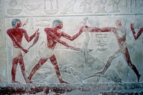 Wallpainting of 3 butchers cutting up a carcase, Tomb of Idut, 5th Dynasty, c2350 BC. Artist: Unknown