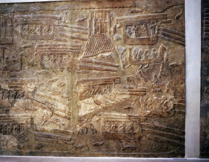 Assyrian relief showing transport of timber from Lebanon by water, Khorsabad, c8th century BC. Artist: Unknown