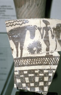 Terracotta pottery fragment of a human figure between two horses, Tepe Sialk, Iran, 4th mil. BC. Artist: Unknown