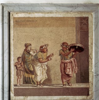 Roman mosaic of musicians and masked actors in a play, Pompeii, Italy. Creator: Dioscurides.
