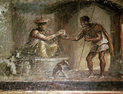 Roman wallpainting of a traveller and a water-seller, Pompeii, Italy. Creator: Unknown.