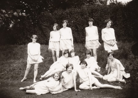 Girls Greek dancing class pose on lawn, 1929. Artist: Unknown