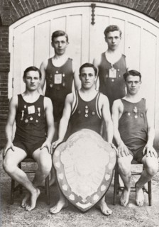 Rowntree boys life-saving team pose with the Faber Life-Saving Trophy, 1912. Artist: Unknown