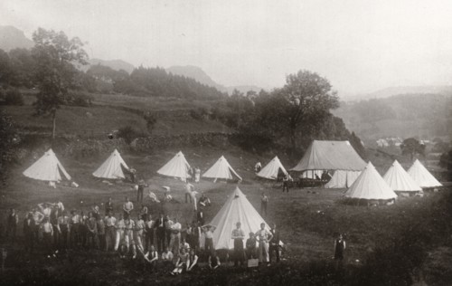 Rowntree boys assemble by their tents,  Coniston, Cumbria, summer 1913. Artist: Unknown
