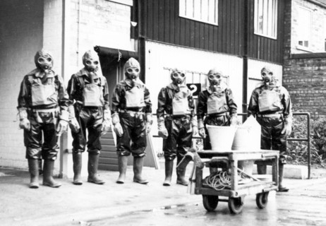 The Duncan?s factory decontamination unit dressed in their suits, Edinburgh, Scotland,1941. Artist: Unknown