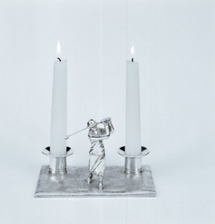 Silver candleholder with female golfer figure, 1930s. Artist: Unknown
