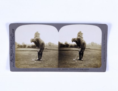 Stereoscopic card showing Harry Vardon pitching his ball over his opponent's, c1900. Artist: Unknown