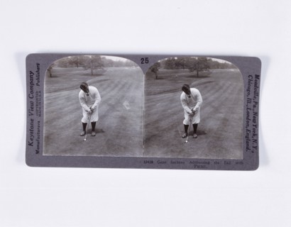 Stereoscopic card showing Bobby Jones addressing the ball for a mashie pitch, c1900. Artist: Unknown