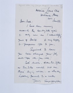 Handwritten letter by golfing author and cartoonist George Houghton, c1950s. Artist: George Houghton