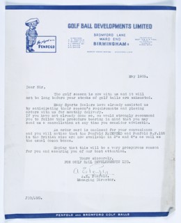 Signed letter from Managing Director, Penfold Golf Balls to stockists, British, 1955. Artist: Unknown