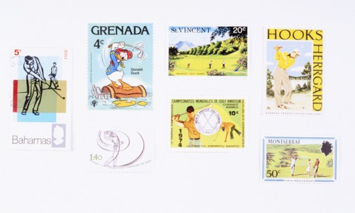 Stamps from various Caribbean islands, with golfing theme, 20th century. Artist: Unknown