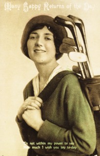 Birthday postcard with a picture of a woman golfer, c1908. Artist: Unknown