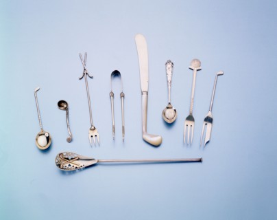 Silver and mother-of-pearl cutlery with a golfing theme, 1920s. Artist: Unknown