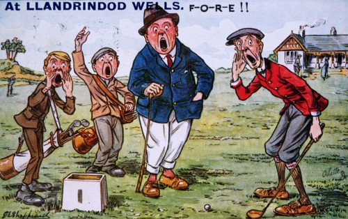 'At Llandrindod Wells F-O-R-E !!' Golfing cartoon, c1910s. Artist: Unknown