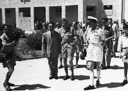Count Folke Bernadotte (1895-1948) with UN men in the hall of the National Institutions. Artist: Unknown