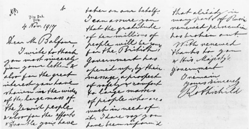 Lord Rothschild's reply to Balfour, following his receipt of the Balfour Declaration, 1917. Artist: Lionel Nathan de Rothschild