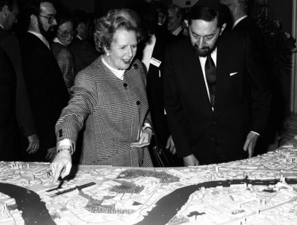 Margaret Thatcher (1925- ), British Prime Minister, viewing the Canary Wharf scheme, 1988. Artist: Unknown