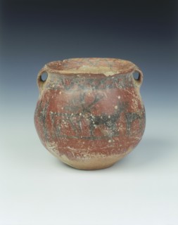 Ochre red slipped pottery jar with deer and archer, Karuo culture, China, c2300-c1800 BC. Artist: Unknown