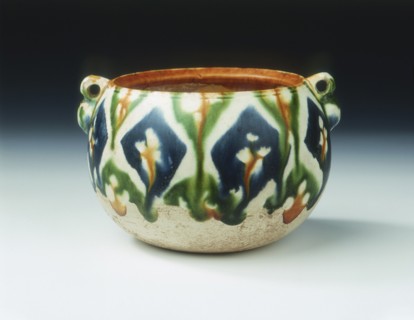 Sancai pottery jar with floral and geometric patterns, Tang dynasty, China, early 8th century. Artist: Unknown