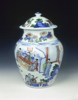 Wucai covered jar with banquet scene, early Kangxi period, Qing dynasty, China, 1662-1677. Artist: Unknown