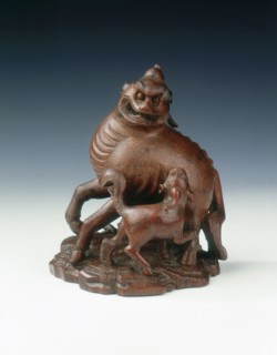 Bamboo carving of a fabulous animal and young, China, 1710-1735. Artist: Unknown