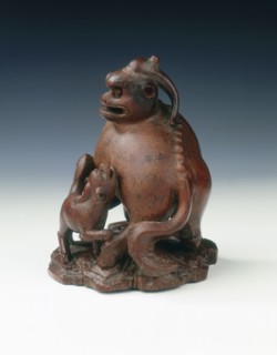 Bamboo carving of a fabulous animal and young, China, 1710-1735. Artist: Unknown