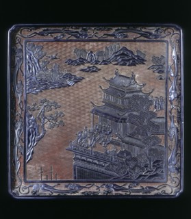 Red and black carved square lacquer tray with landscape, Qing dynasty, China, 17th-18th century. Artist: Unknown