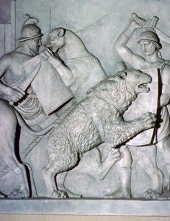 Roman relief of gladiators fighting wild beasts. Artist: Unknown