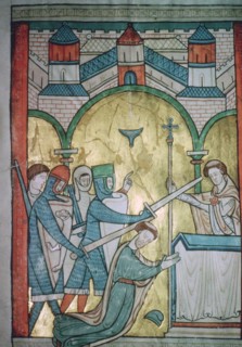Twelfth century illustration of the murder of St Thomas-a-Becket (1118-1170) from a psalter.