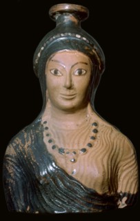 Teracotta scent-bottle in the shape of a woman's bust, made in Rhodes. Artist: Unknown