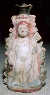 Greek terracotta oil flask of the infant Dionysus. Artist: Unknown