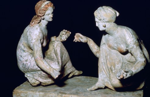 Terracotta group of 'knucklebone' (astragalos) players, Hellenistic Greek, c330-c300 BC. Artist: Unknown