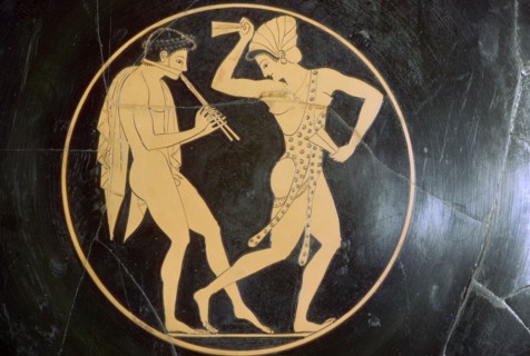 Vase-painting of a youth playing the flute and a woman dancing, 6th century BC. Artist: Epikektos